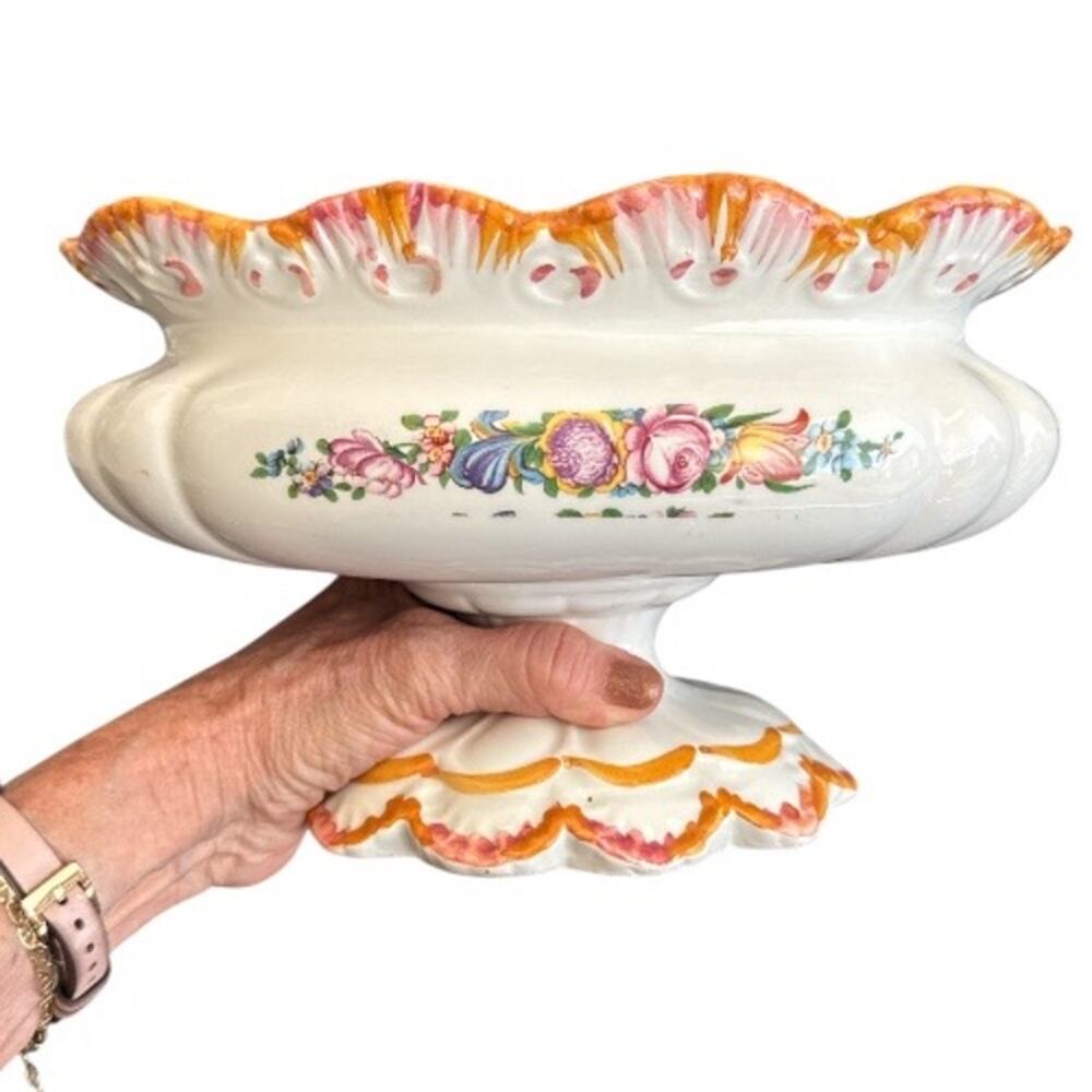 Vintage Italian Hand Painted Tureen Pedestal Scalloped Edge  Vase - Picture 8 of 10